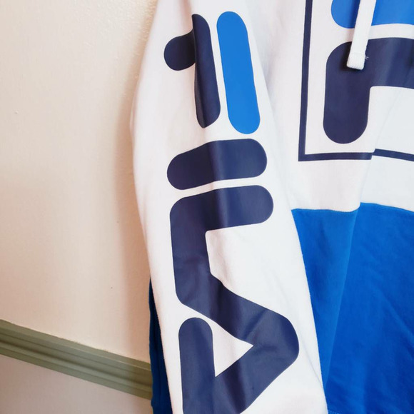 Fila Mens L Hoodie Sweatshirt White Blue Pullover Color Block Long Sleeves New - Picture 5 of 12